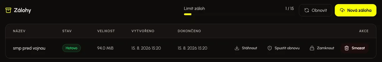Možnosti práce se zálohou v Eternyx dashboardu