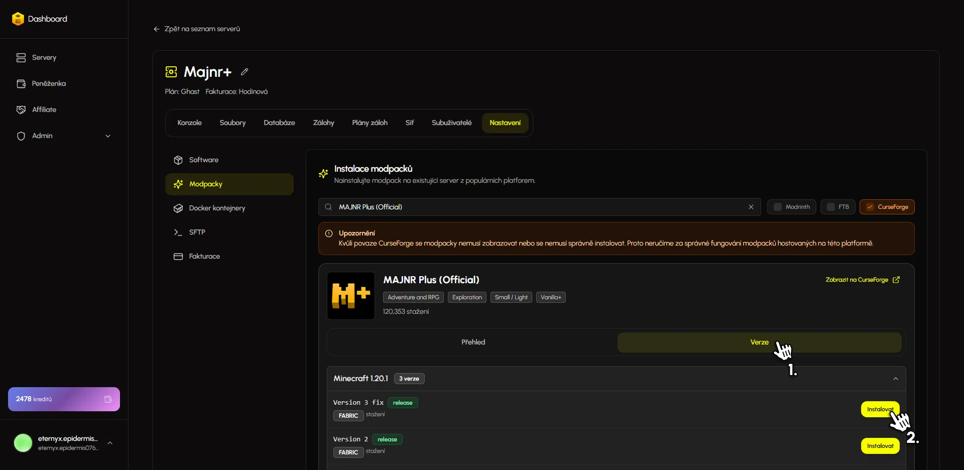 Instalace modpacku MAJNR Plus na Eternyxu