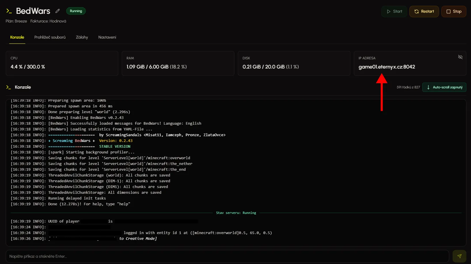 Zkopírování IP adresy serveru v dashboardu Eternyx