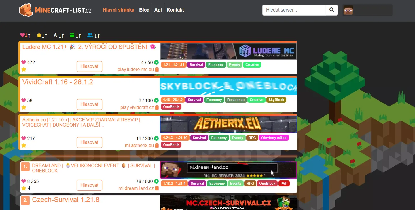 Ukázka seznamu serverů na Minecraft-List.cz