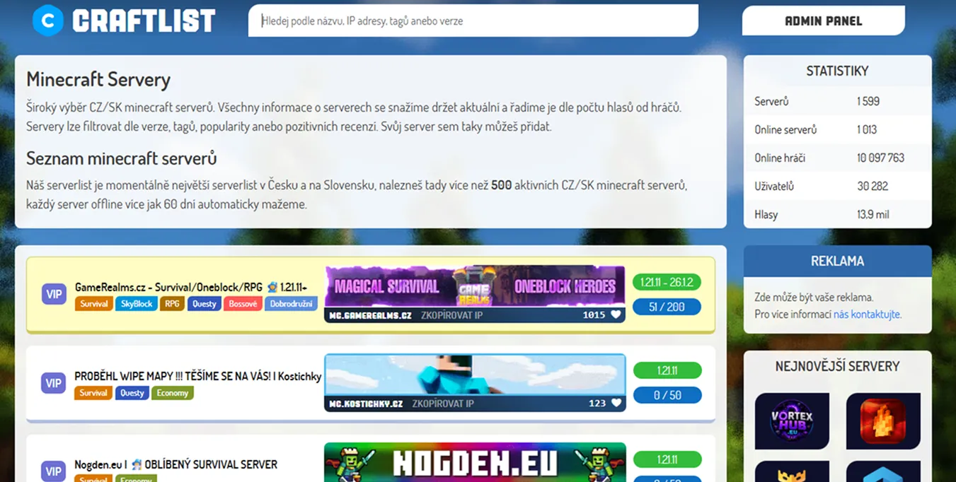 Ukázka rozhraní server listu CraftList.org