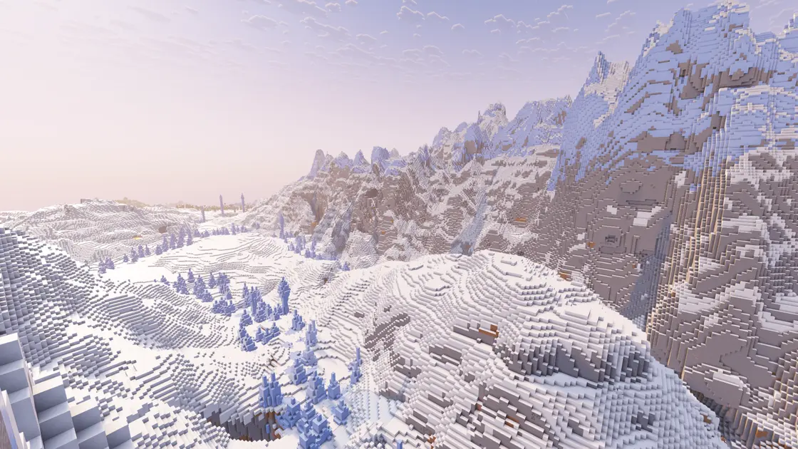 Spawn mezi obřími zasněženými horami s ledovými biomy