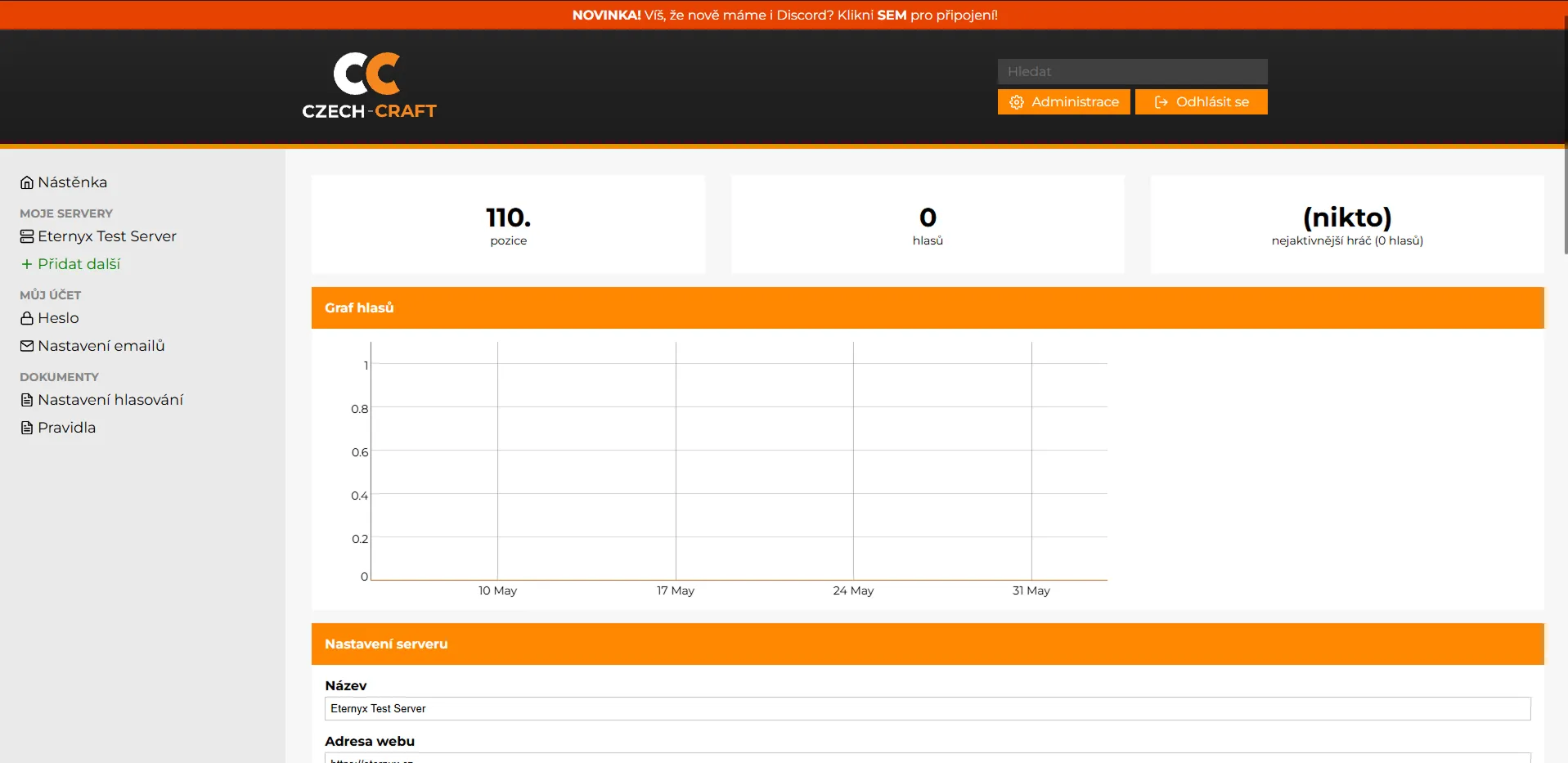 Dashboard správce serveru na Czech-Craft.eu