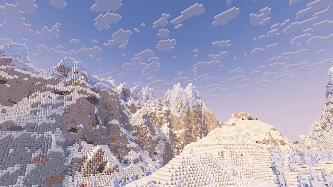 Spawn mezi obřími zasněženými horami s ledovými biomy