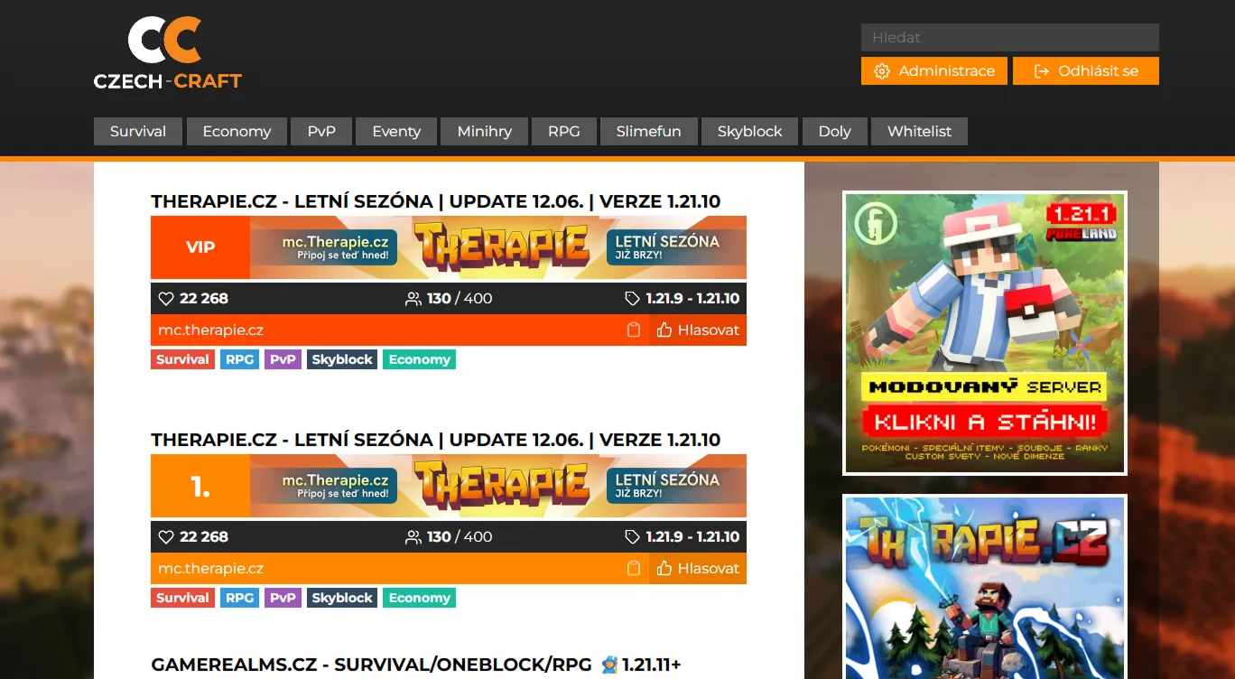 Ukázka rozhraní server listu Czech-Craft.eu