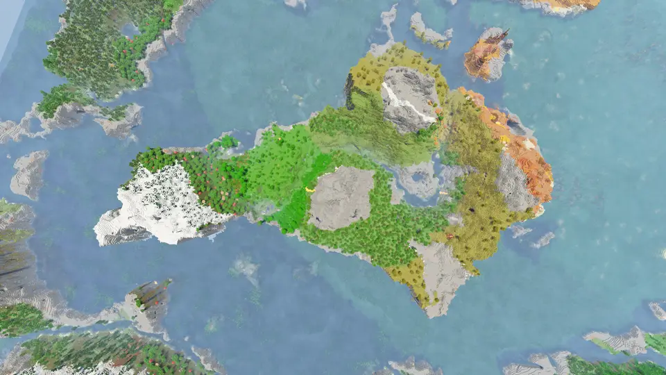 Screenshot seedu Ostrov plný různých biomů s krásným terénem pro survival
