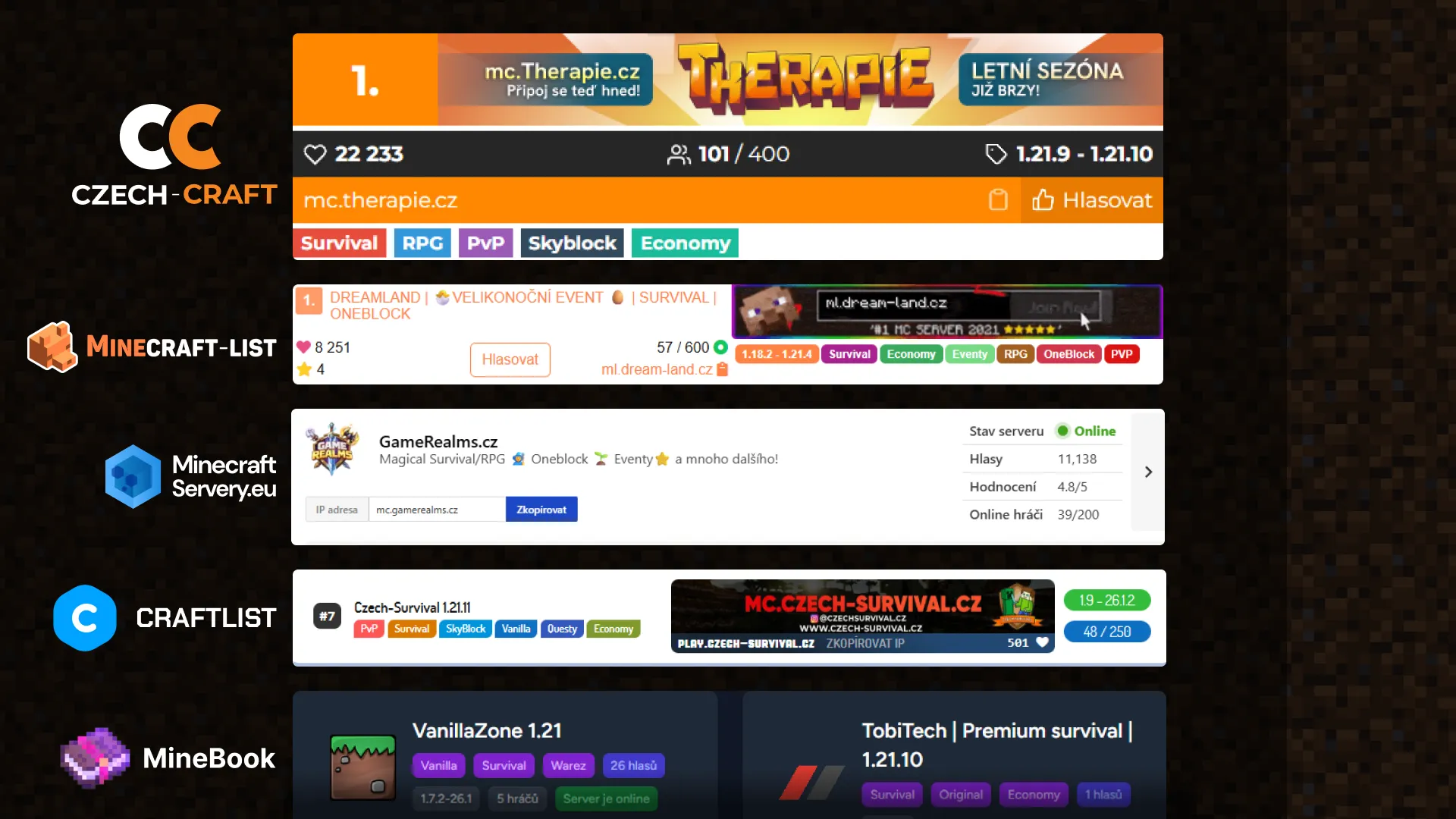 Ukázka vzhledu jednotlivých českých Minecraft server listů v tomto žebříčku