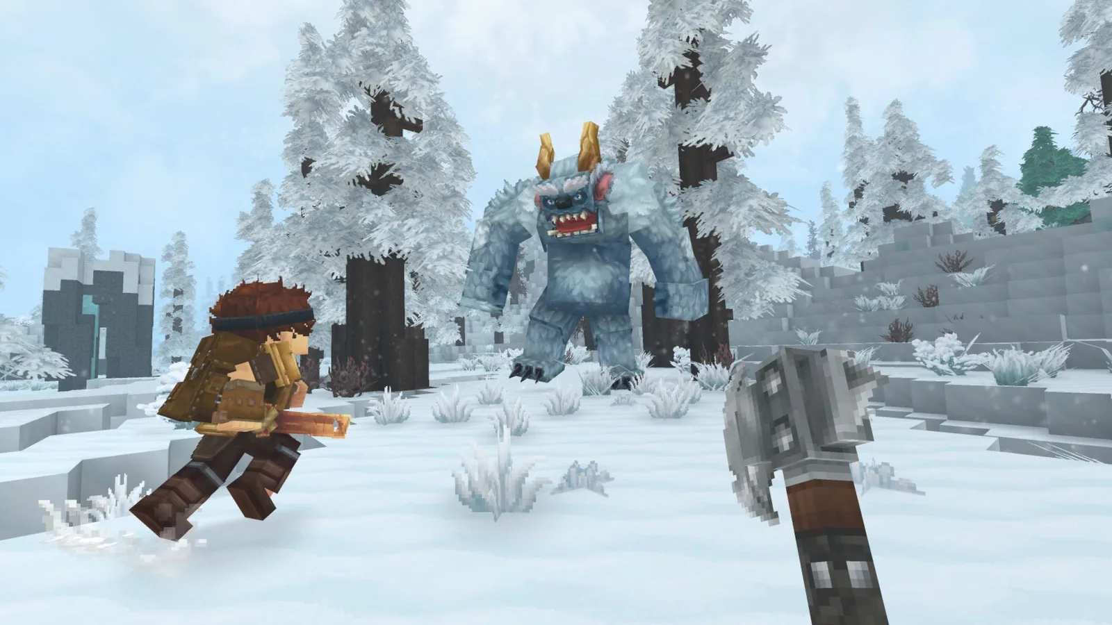 Screenshot ze hry Hytale, kde hráči útočí na sněhové monstrum