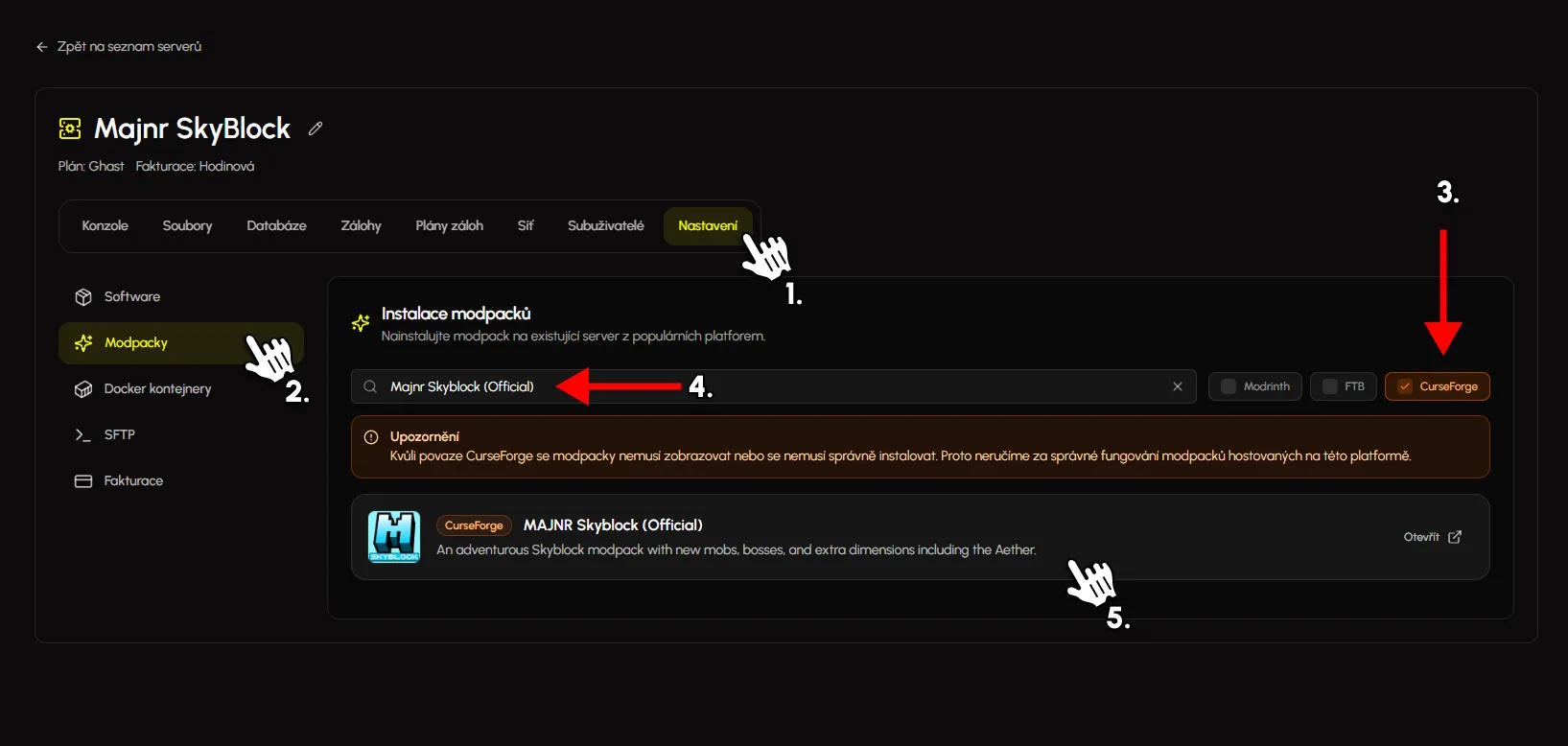Jak nainstalovat Majnr Skyblock (Official) pomocí Eternyx modpack instalátoru