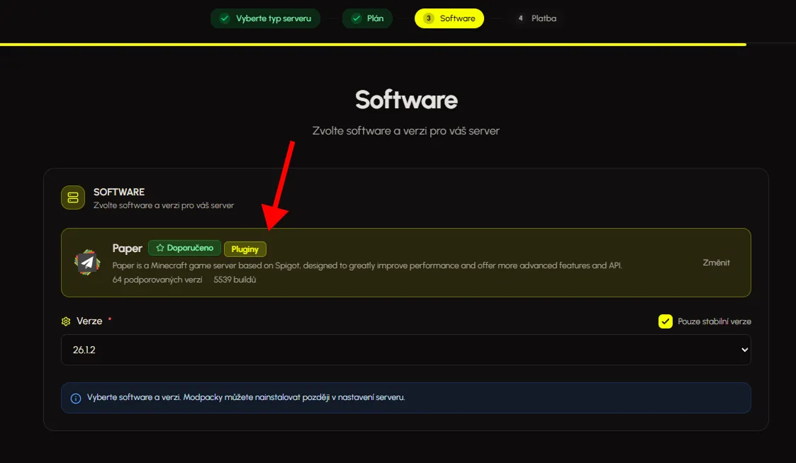 Výběr serverového softwaru Paper v Eternyx Dashboardu