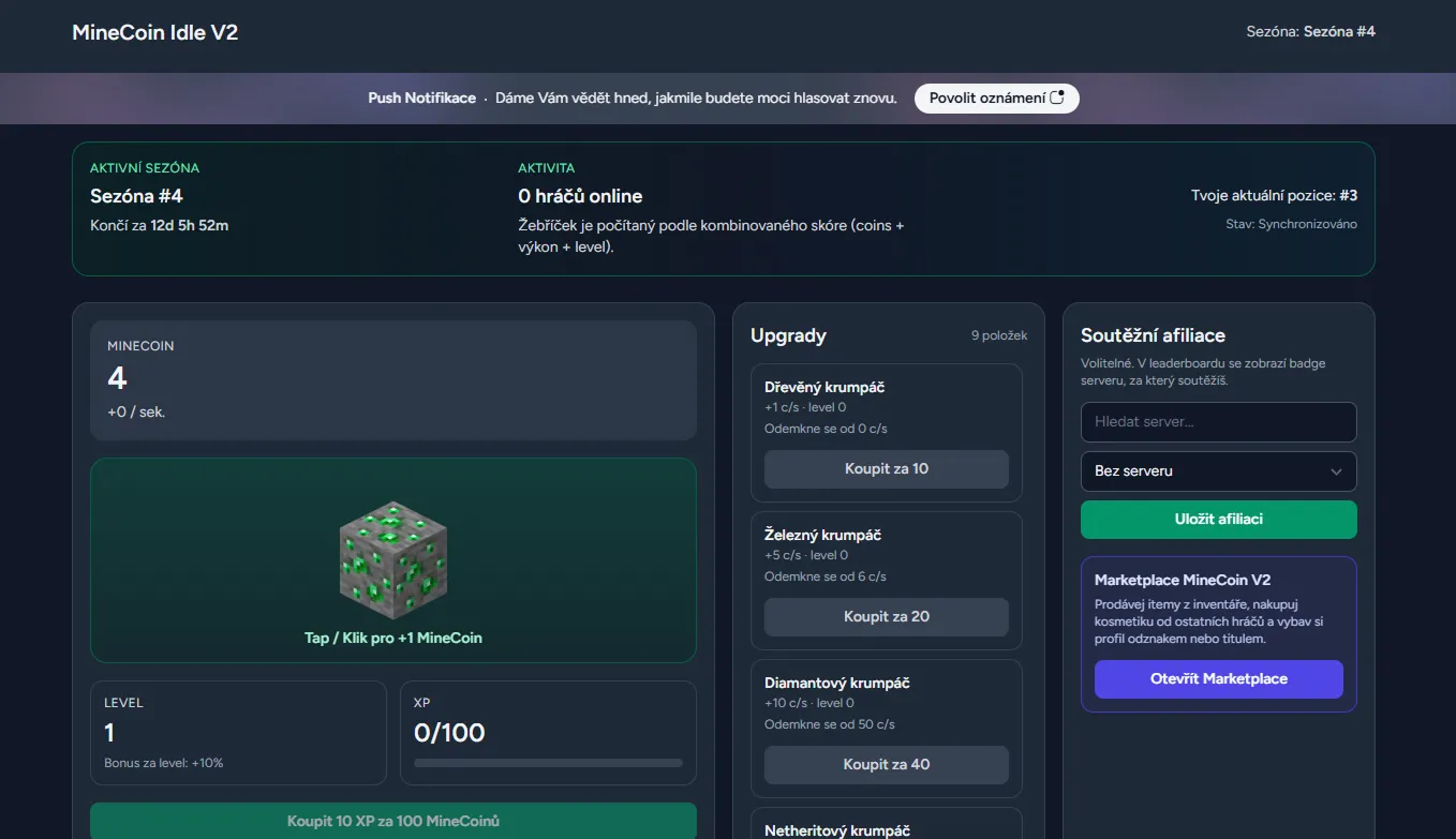 MineCoin idle hra na MineBook.eu