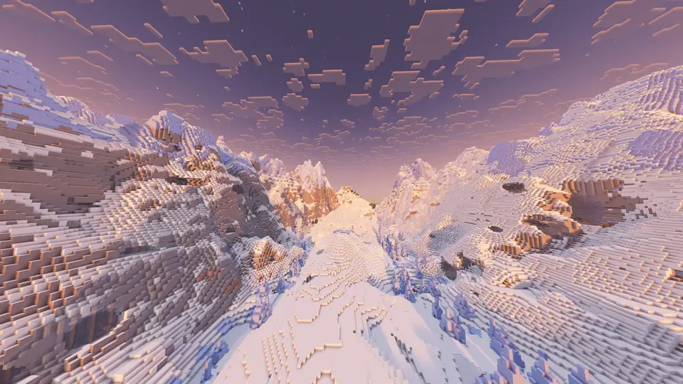 Screenshot seedu Spawn mezi obřími zasněženými horami s ledovými biomy