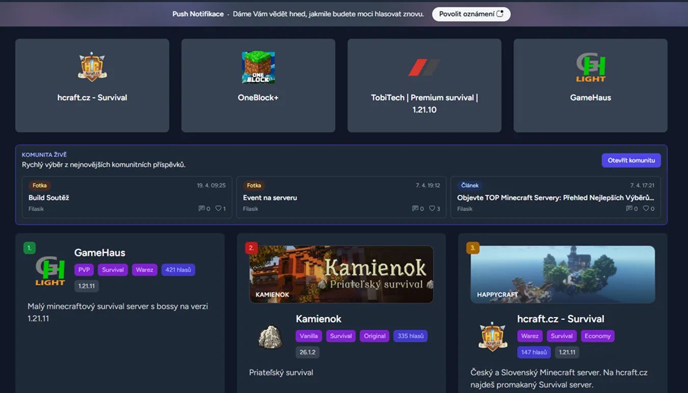Ukázka rozhraní server listu MineBook.eu