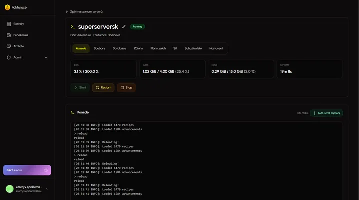 Náhled Eternyx panelu pro správu serveru