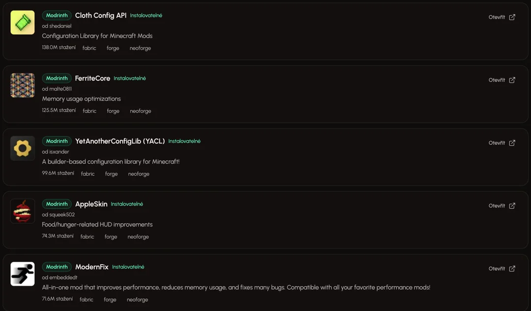 Instalátor modů v Eternyx Panelu