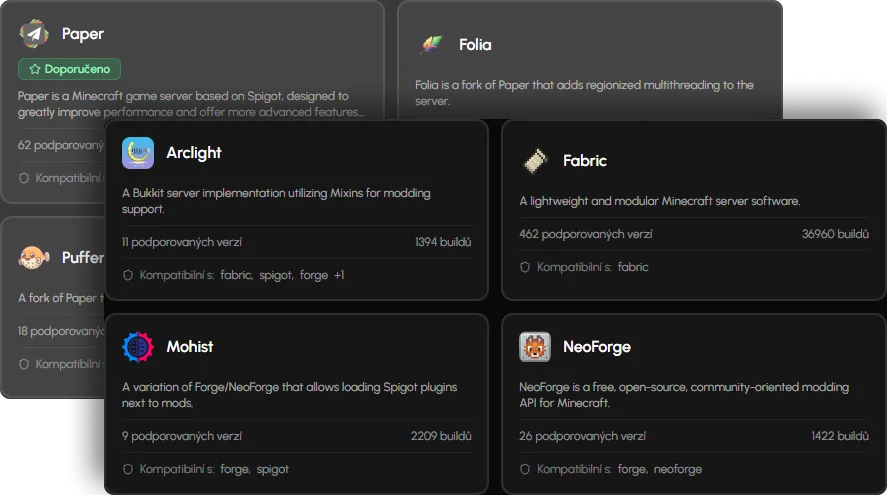Výběr loaderu a verze Minecraftu v Eternyx Panelu