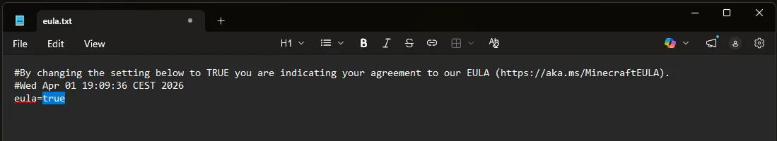 Akceptování EULA úpravou souboru eula.txt