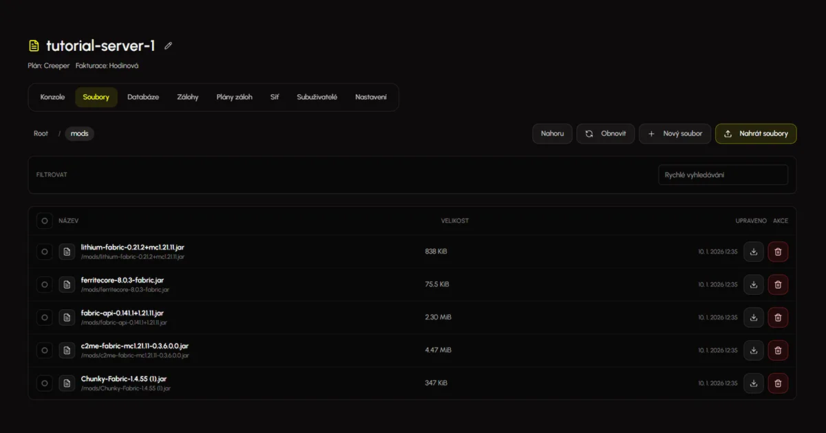 Nahrané fabric mody ve složce mods na Minecraft serveru