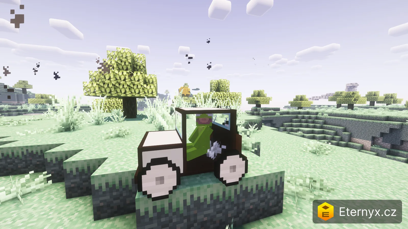 Hráč sedící v autě v Majnr Skyblock modpacku