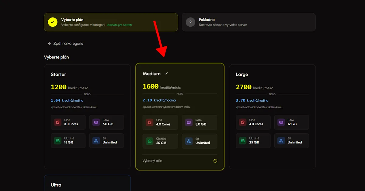 Výběr Hytale balíčku v Eternyx dashboardu