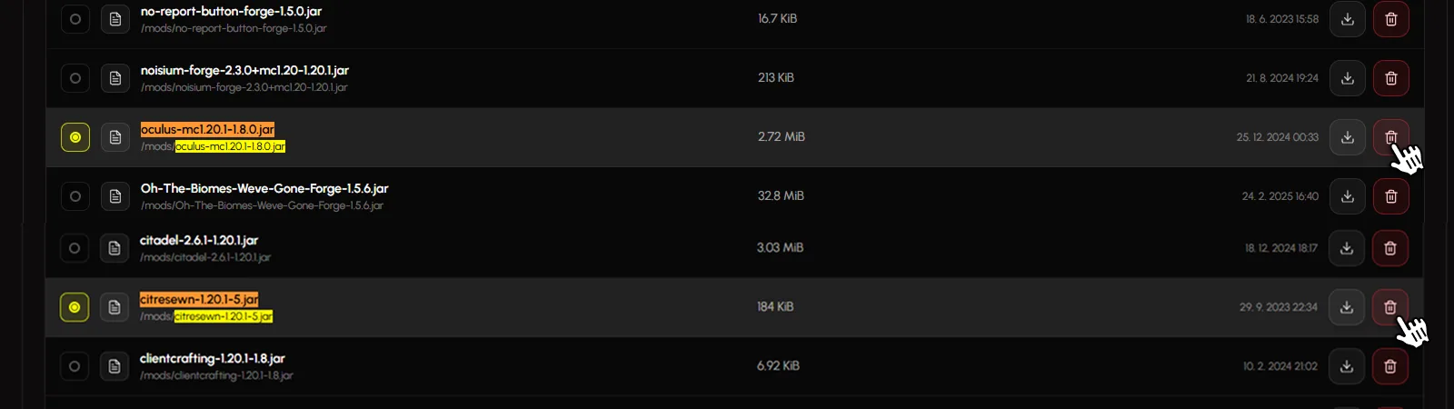 Odstranění nepotřebných modů ve složce mods