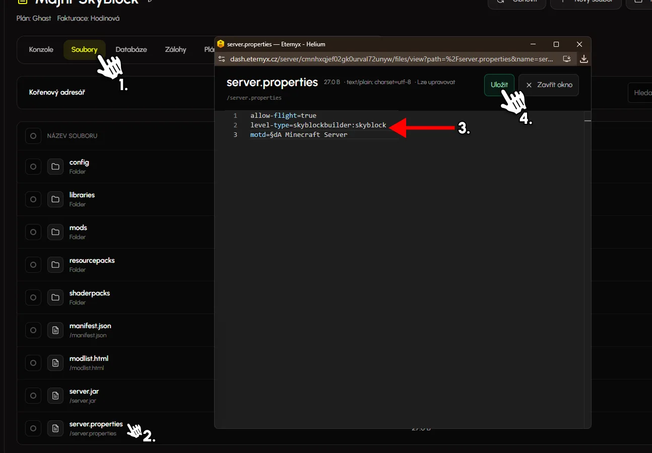Nastavení Skyblock generátoru v souboru server.properties