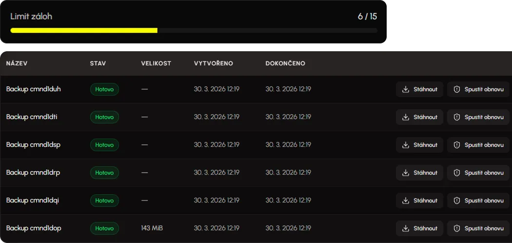 Zálohování v Eternyx Panelu